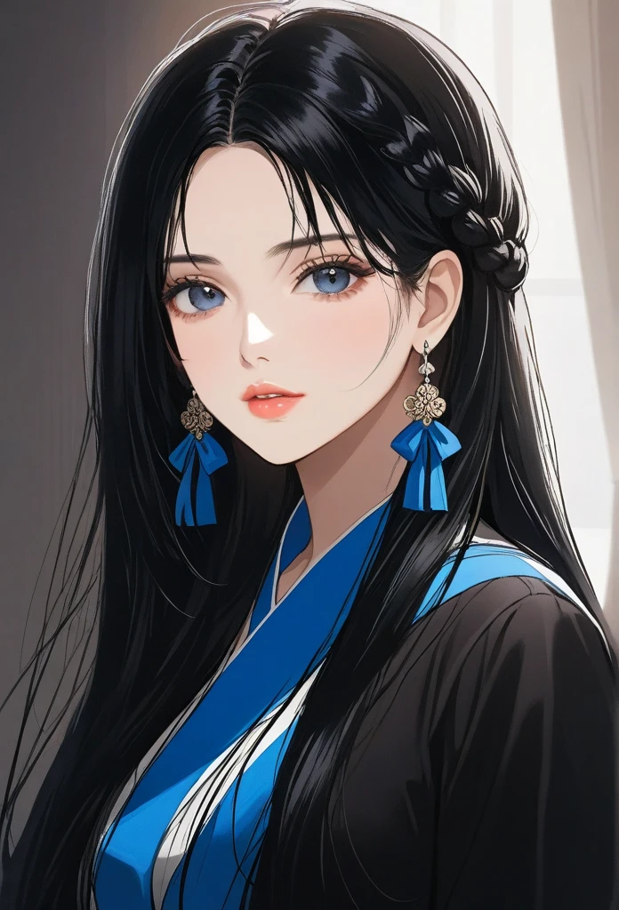 ((1woman, long black hair, mature,hair braid with blue ribbon,dress, drop dangle jhumka earrings , detailed alluring eyes, smooth detailed lips, beautiful face,