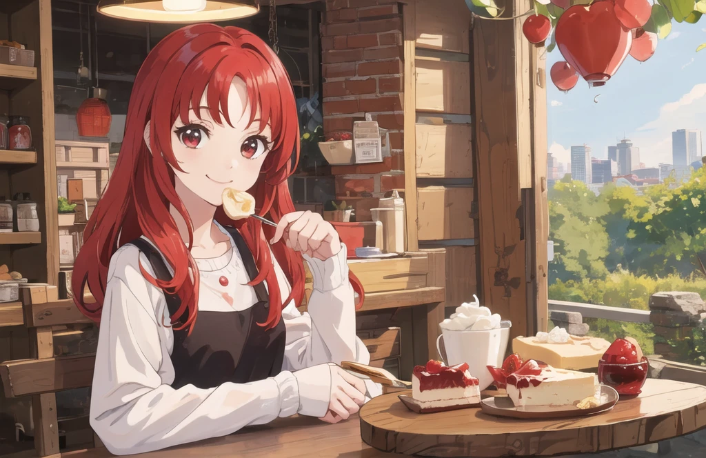 (masterpiece, best quality), 1girl, Nilou, eating a cheesecake, red hair, adorable smile, 