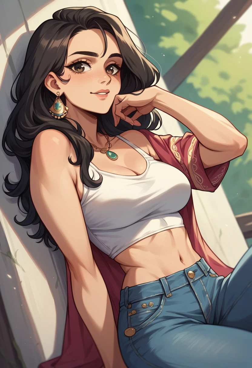 Woman with light brown skin, Bblack hair cacheado, Bblack hair, light caramel eyes, wearing jeans and white crop top, gypsy traits