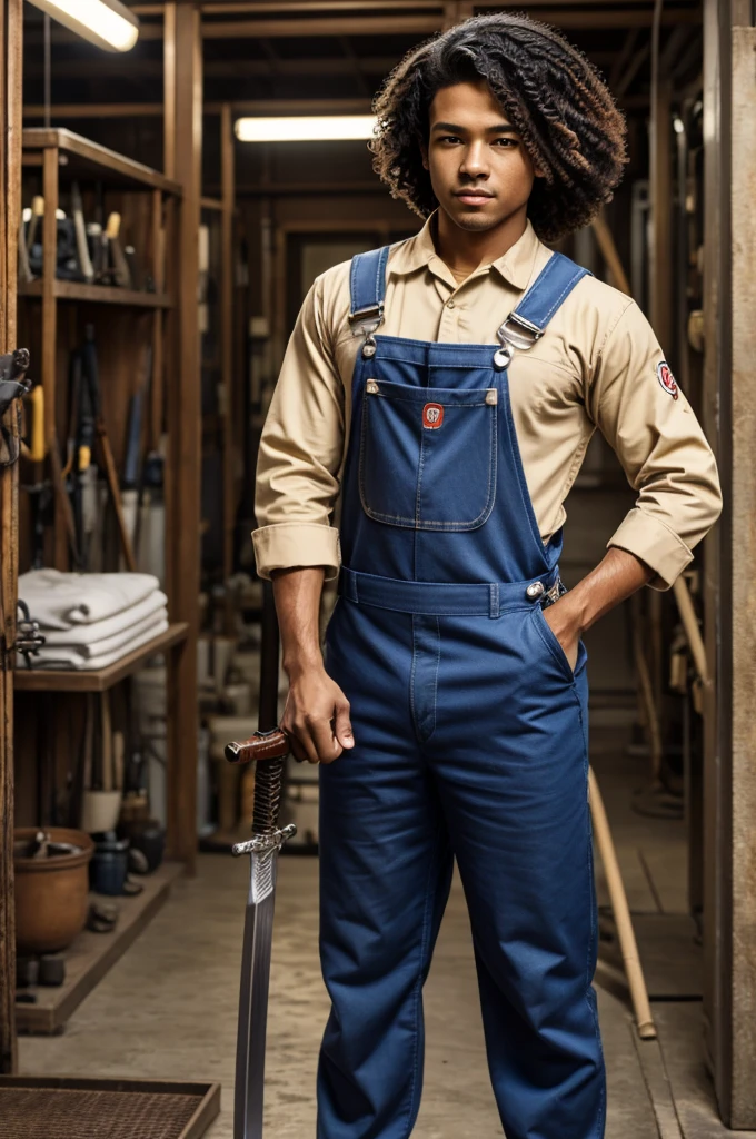 genshin impac character, man, curlers, Anemo vision, double handed sword, cabello curlers, BROWN SKIN, mechanic suit, overalls, cabello curlers, adolescent, strong,