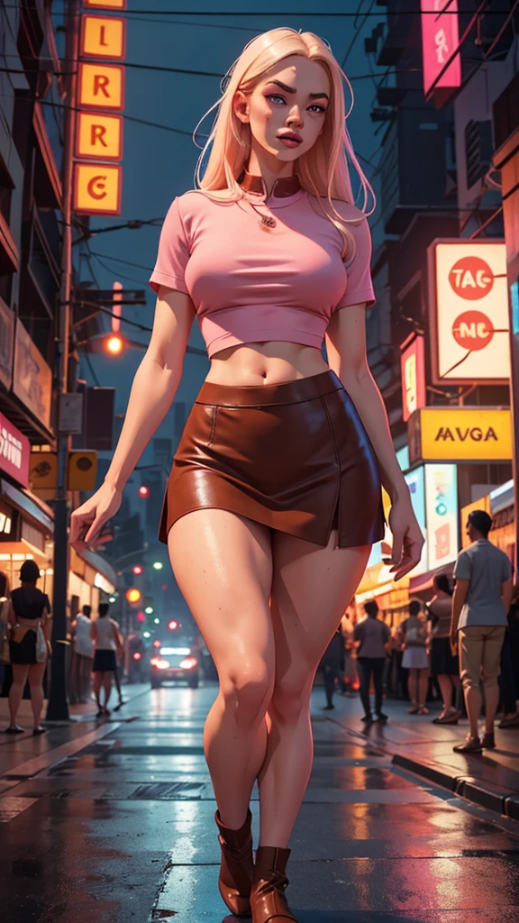 Full body frontal view of an albino woman with freckles, highly detailed face, large, well-detailed eyes, extremely beautiful, extremely slender, symmetrical body, thin waist, wide hips, thighs (thick with muscles), sensualizing with her mouth, with a highly exciting seductive expression, wearing short brown leather skirt, and a short pink blouse, showing her belly, in the busy neon-lit night streets of Bangkok, ultra-realistic image, perfect symmetry, vibrant and sharp, dynamic vision, high level of detail and definition, 1200 PPI - Photographic resolution with greater color realism, hyper-realistic, high fidelity, cinematic, 16K UHD image resolution.