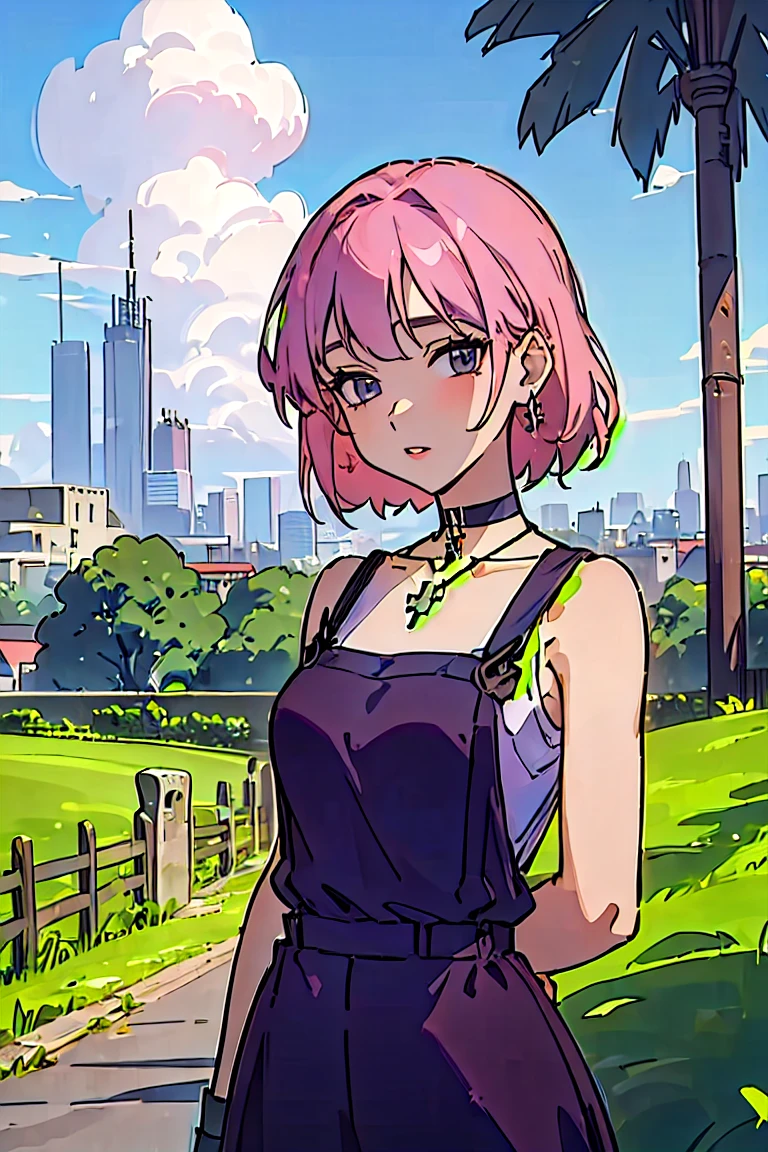 (masterpiece, best quality:1.2), 1girl, bare shoulders, breasts, choker, collarbone, cross, dress, jewelry, looking at viewer, necklace, parted lips, pink hair, purple dress, short hair, braided hair, sleeveless, big breasts, solo, tattoo, bangs, (suspenders:1.32), black choker, black dress, cowboy shot, cross necklace, belt, sleeveless dress, medium hair, upper body, background with ((architecture, blue sky, building, bush, castle, city, cityscape, cloud, cloudy sky, day, fence, field, garden, grass, ground vehicle, hill, house, lamppost, landscape, mountain, mountainous horizon, nature, no humans, outdoors, palm tree, park, path, pavement, plant, road, rock, scenery, shrine, sky, skyline, skyscraper, street, tower, tree, tree shade, wall))