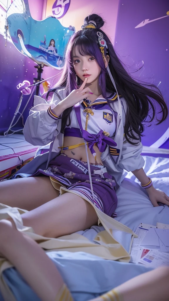 An eighteen-year-old young woman with long purple hair in a sailor suit sits in a classroom (school 1.5 in the background) (expression serious, cold 1.5) (best quality: 1.1) (masterpiece: 1.3) with an unparalleled masterpiece, surreal 8K, perfect artwork, super detail, best quality, masterpiece 4K wallpaper aesthetics, masterpiece, award-winning artwork, official art, cinematic lighting
