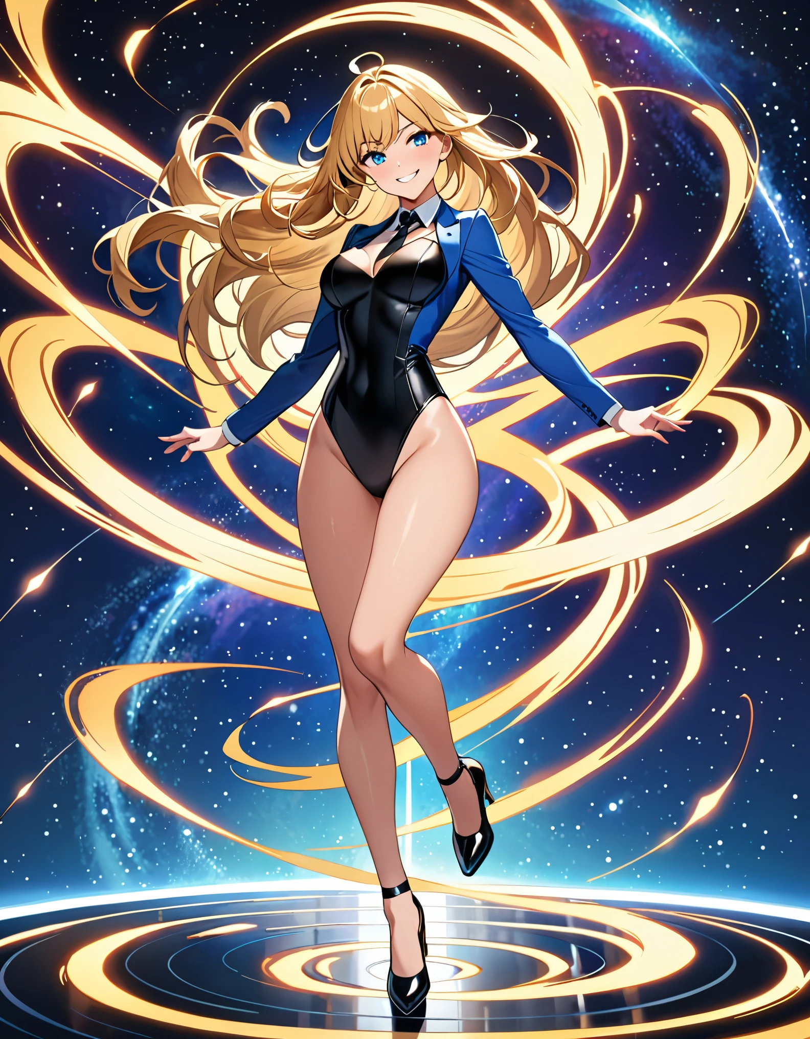 (masterpiece), best quality, highres, 1girl, solo, blue suit and black tie, black leotard, bare legs, matching black shoes, looking at viewer, space backdrop, perfect hands, perfect eyes, perfect legs, perfect arms, perfect fingers, medium breasts, standing, blonde hair, long hair, blue eyes, standing, perfect hands, complete fingers, perfect anatomy, perfect proportions, smile, flirty, full body with costume, raised arms, evil smile. She spins at an incredible speed, creating a whirlwind of air around her. She rotates her body in place at super speed. She spins fast in place like a tornado. Cyclone spinning. Rapid gyration. Tornado winds around her. She super-spins. Spiral lines around her body. Full body with costume.