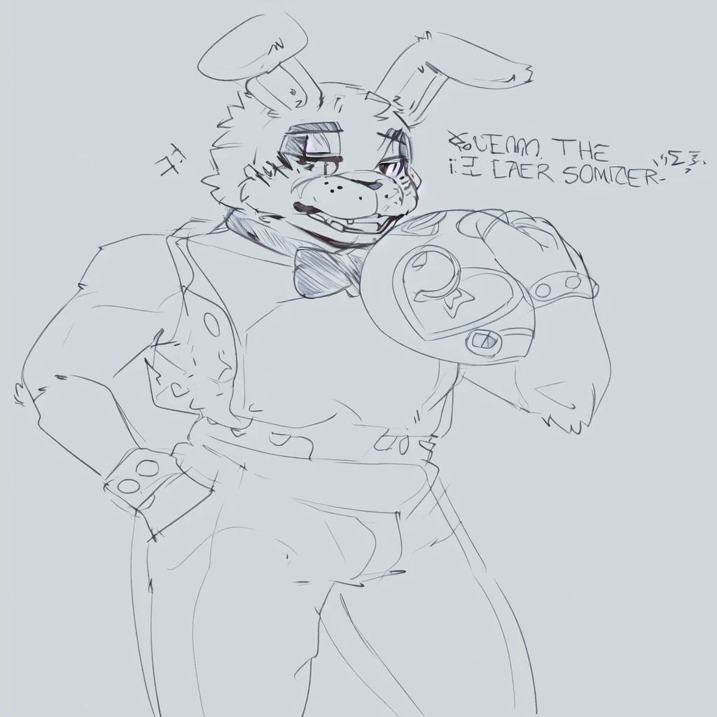 there is a drawing of a rabbit with a helmet and a helmet, professional furry drawing, heavy lineart, commission of freddy fazbear, detailed but rough, thick lineart, fursona furry art commission, furry character, (sfw) safe for work, thicc, thick black lineart, sketchy artstyle, commission for high res, fursona commission