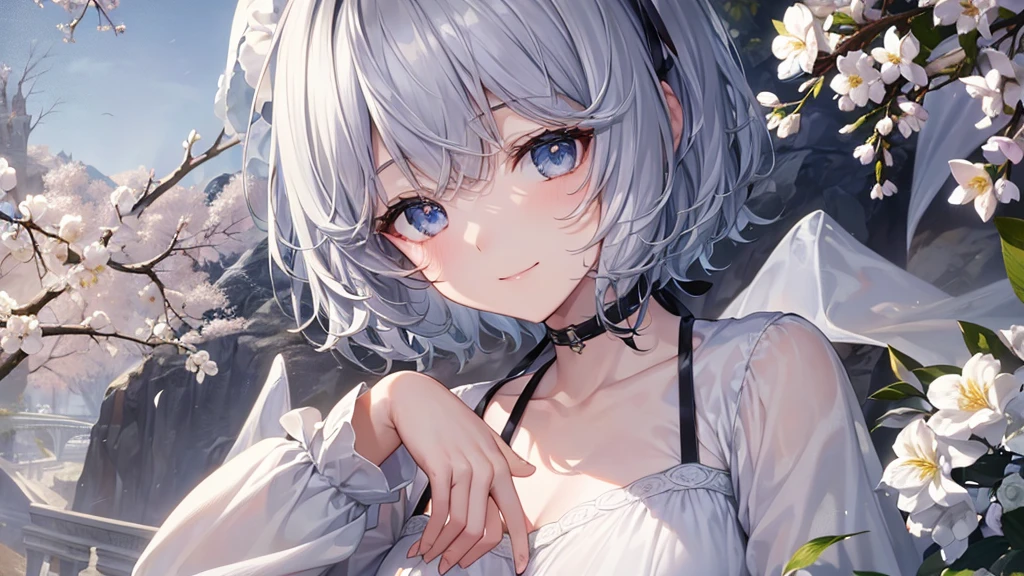 Ultra HD,Look at the viewers, Put your hands behind your back, With a girl, 20-year-old, 非常にShort Hair, Long bangs between the eyes, Pale blue eyes, Very detailed,(masterpiece、Highest quality),Gray Hair、Laughter、Fantastic, Silver Hair, Iris, Short hair、 Fluttering Hair、Small Face、明るいsmile、(Detailed face) ,Professional Lighting,Wonderful landscape,blue sky, sunlight,Looking down from above,Portraiture、Open your mouth、Flower Field、Her eyes were shining、Mysterious and enchanting atmosphere。With AI Painting、とてもShort Hair, Long bangs between the eyes, Very detailed,(masterpiece、Highest quality)、alone、Gray Hair、Fantasy, Silver Hair, Fantasyな風景、White shirt、smile、Open your mouth、short hair、Short Hair、hairpin、black eye、Grey Eyes、Beautiful Eyes、