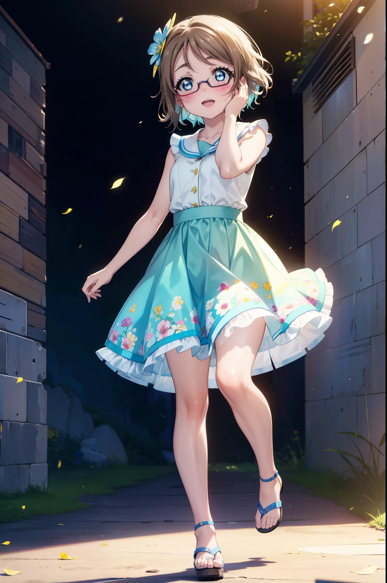 Yo Watanabe, Watanabe Yo, short hair, blue eyes, Brown Hair, smile, blush,Open your mouth,Flower Hair Ornaments,Black-rimmed glasses,Light blue sleeveless dress,Long skirt,Cute heeled sandals,Walking,Daytime,Clear skies,whole bodyがイラストに入るように
break outdoors, Building district,
break looking at viewer, whole body,
break (masterpiece:1.2), Highest quality, High resolution, unity 8k wallpaper, (figure:0.8), (Beautiful attention to detail:1.6), Highly detailed face, Perfect lighting, Highly detailed CG, (Perfect hands, Perfect Anatomy),