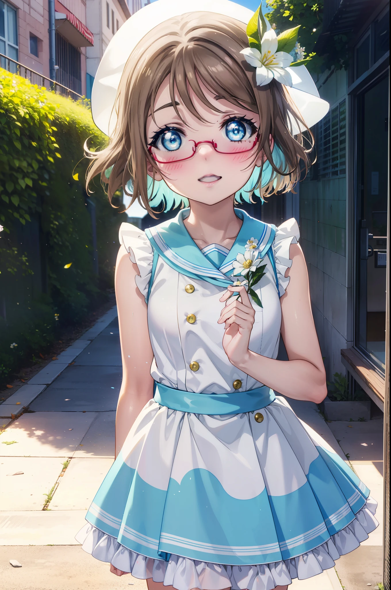Yo Watanabe, Watanabe Yo, short hair, blue eyes, Brown Hair, smile, blush,Open your mouth,Flower Hair Ornaments,Black-rimmed glasses,Light blue sleeveless dress,Long skirt,Cute heeled sandals,Walking,Daytime,Clear skies,whole bodyがイラストに入るように
break outdoors, Building district,
break looking at viewer, whole body,
break (masterpiece:1.2), Highest quality, High resolution, unity 8k wallpaper, (figure:0.8), (Beautiful attention to detail:1.6), Highly detailed face, Perfect lighting, Highly detailed CG, (Perfect hands, Perfect Anatomy),