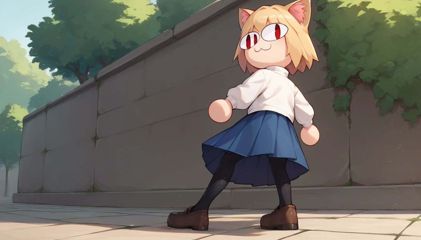 score_9, score_8_up, score_7_up, score_6_up, score_5_up, score_4_up, BREAK, 1boy, solo, necoarc, lit pupils, cat ears, blonde hair, red eyes, :3, turtleneck, blue skirt, pleated skirt, pantyhose, brown footwear, highlight thighs, outdoor, from behind, looking back, looking from below 