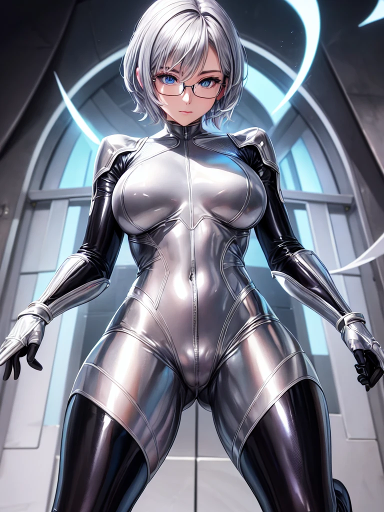 Highest quality 8K UHD、Mastepiece、Close-up、short hair、Blue Eyes、smooth crotch、Silver Hair、Glasses、A beautiful woman wearing a sleek silver metallic suit、Full body silver metallic rubber suit