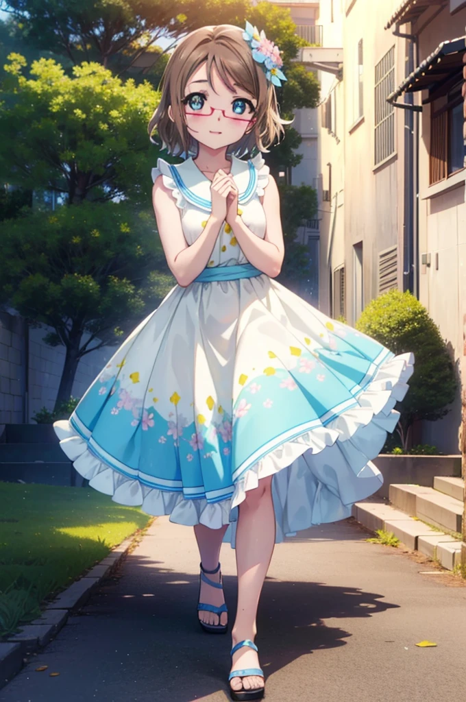 Yo Watanabe, Watanabe Yo, short hair, blue eyes, Brown Hair, smile, blush,Open your mouth,Flower Hair Ornaments,Black-rimmed glasses,Light blue sleeveless dress,Long skirt,Cute heeled sandals,Walking,Daytime,Clear skies,whole bodyがイラストに入るように
break outdoors, Building district,
break looking at viewer, whole body,
break (masterpiece:1.2), Highest quality, High resolution, unity 8k wallpaper, (figure:0.8), (Beautiful attention to detail:1.6), Highly detailed face, Perfect lighting, Highly detailed CG, (Perfect hands, Perfect Anatomy),