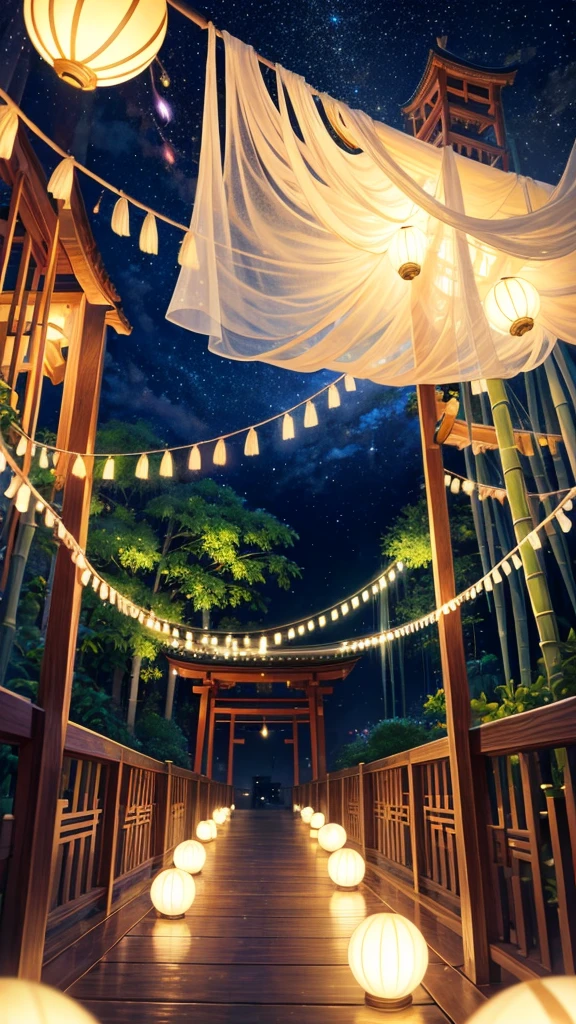 “Create a high-resolution fantasy image of the Japanese festival Tanabata. The scene should feature a night sky filled with sparkling stars and the Milky Way as a backdrop. In the foreground, depict tall bamboo trees adorned with colorful paper decorations and wishes, known as tanzaku, fluttering gently in the breeze. Add a touch of magic by incorporating glowing orbs or ethereal lights among the bamboo leaves. The overall atmosphere should be serene and enchanting, capturing the mystical essence of this traditional celebration.”