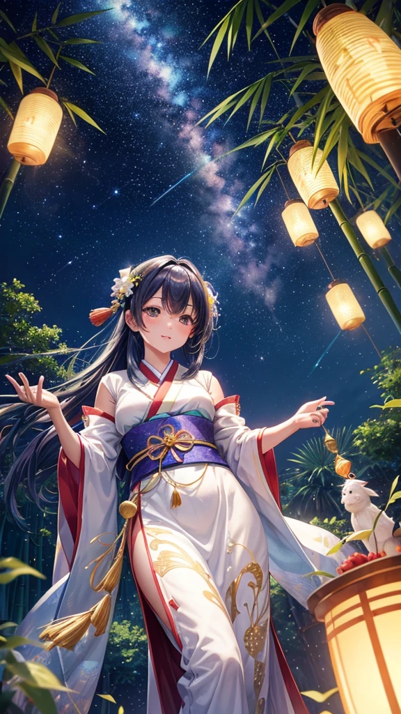 “Create a high-resolution fantasy image of the Japanese festival Tanabata. The scene should feature a night sky filled with sparkling stars and the Milky Way as a backdrop. In the foreground, depict tall bamboo trees adorned with colorful paper decorations and wishes, known as tanzaku, fluttering gently in the breeze. Add a touch of magic by incorporating glowing orbs or ethereal lights among the bamboo leaves. The overall atmosphere should be serene and enchanting, capturing the mystical essence of this traditional celebration.”