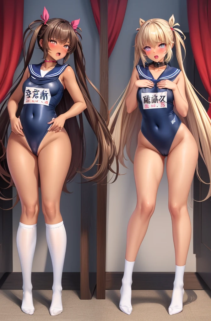 (最high quality)), ((masterpiece)), (Get used to it), Perfect Face 20-year-old women 3 girls The cutest girl 4K High precision high quality Blonde twin tails Navy blue school swimsuit Sailor collar Cat ear White knee socks Blowjob Lots of drooling cock I'm being rubbed on my chest from behind. Pant voice Ahegao climax Crab Stock Stand on tiptoes Ass Focus Embarrassed look Pussy A large amount of semen in the ass The eyes are the heart White Breath Pussyに手をあてる Blowjob