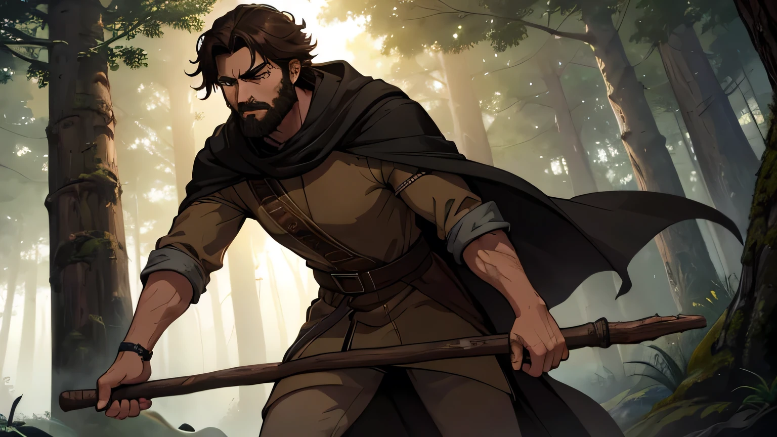 Worried-faced man with dark brown beard, long dark brown hair, light yellow-brown eyes and dark brown and light brown tunic from the 4th century BC. C., with a light brown cloak, about 50 years old, defending himself with a wooden stick, in a dark and mysterious forest at night, movement scene in the forest, changing lighting, hyper-realistic, cinematic lighting,