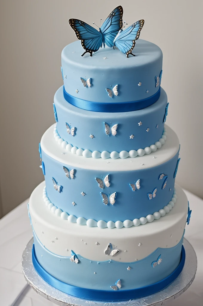 Two-tier Cinderella themed 15th birthday cakes in sky blue gradient decorated with silver and indigo blue butterflies