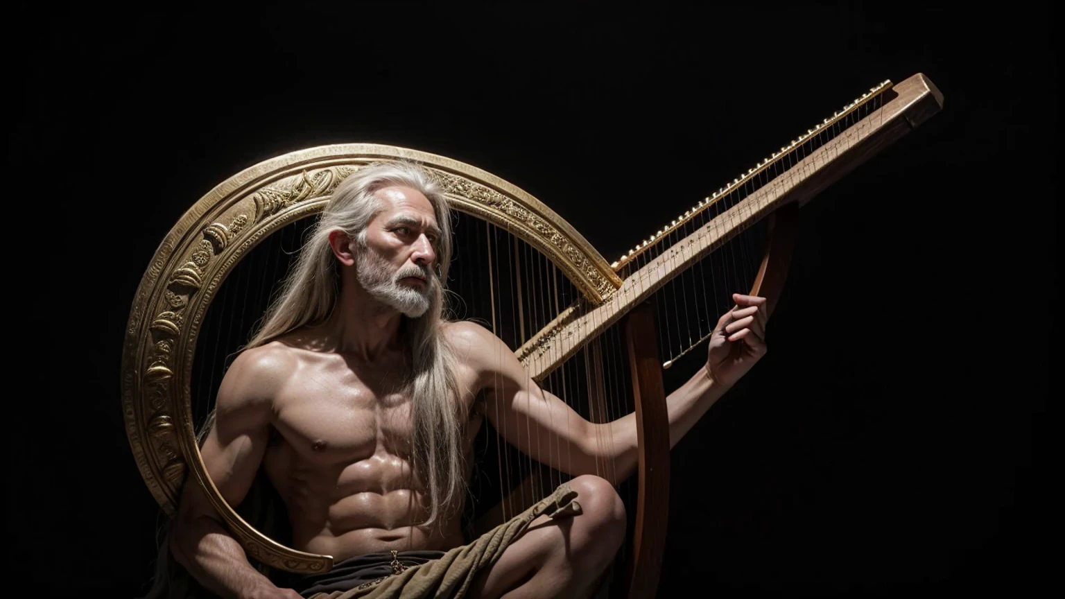ancient man playing a harp on a dark background