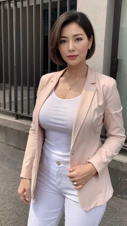 56 years old, (Sugar Grandma), (Sensual lips), (White skin), ((Beautiful Japanese Mature)), (huge  : 1.4), (blazer, Sporting goods), Curved body, (My breasts are about to pop out of my clothes), at the doctor&#39;s office, Dark Light, at night.