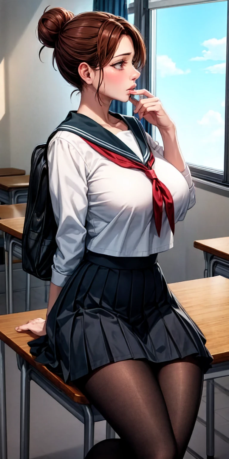 Model: AuntJune, auntjunev2
Hair: brown hair, hair bun, bangs, messy hair, ponytail, long hair
Body: mature female, large breasts, lips, looking away
Clothing: black pantyhose, black serafuku, skirt, sailor collar, jacket, school bag
Scene: classroom, indoors, window, desk, school chair, chair, sitting, solo
Lighting: cinematic lighting
Focus: sharp focus