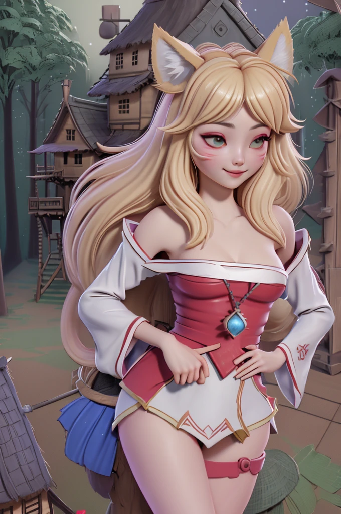 close up 1girl in, Ahri, league of legends, teenager, Solo, long hair, super long blond hair, pale skin, full medium breasts, cleavage, runners body, (thin hips, thin waist: 1.25), (arched back:1.12), detailed skin, neutral face, mischievous smile, revealing clothes, (wearing fox ears, fox tails, off the shoulder nsfw kimono: 1.1), (detailed tree house village background:1.4), dark rooftop, overlooking apocalyptic city, 4k textures, soft light, elegant, highly detailed, sharp focus, soothing tones, insane details, intricate details, hyperdetailed, low contrast, exposure blend, hdr, faded