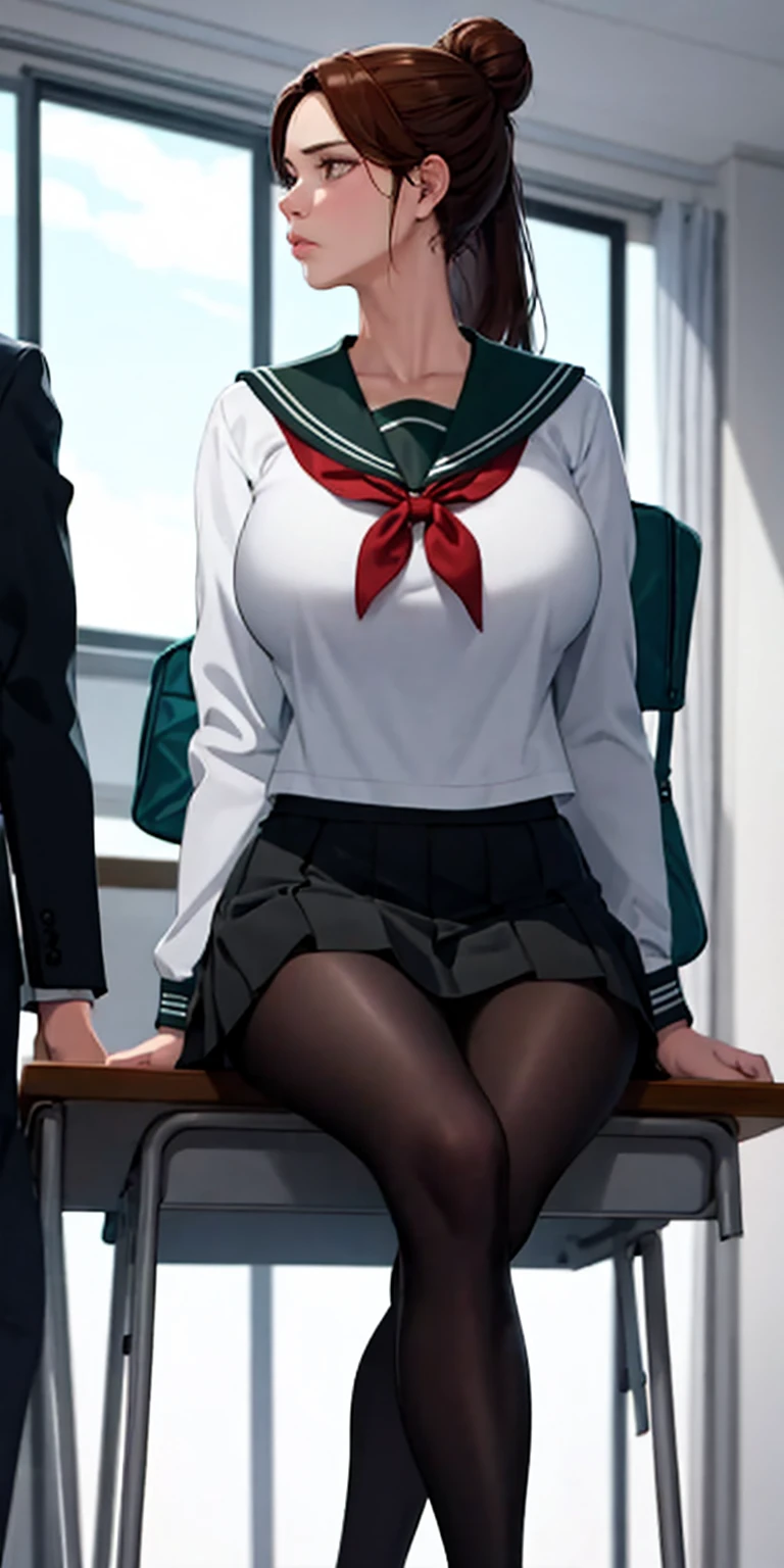 Model: AuntJune, auntjunev2
Hair: brown hair, hair bun, bangs, messy hair, ponytail, long hair
Body: mature female, large breasts, lips, looking away
Clothing: black pantyhose, black serafuku, skirt, sailor collar, jacket, school bag
Scene: classroom, indoors, window, desk, school chair, chair, sitting, solo
Lighting: cinematic lighting
Focus: sharp focus