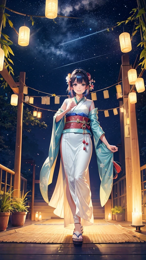 “Create a high-resolution fantasy image of the Japanese festival Tanabata. The scene should feature a night sky filled with sparkling stars and the Milky Way as a backdrop. In the foreground, depict tall bamboo trees adorned with colorful paper decorations and wishes, known as tanzaku, fluttering gently in the breeze. Add a touch of magic by incorporating glowing orbs or ethereal lights among the bamboo leaves. The overall atmosphere should be serene and enchanting, capturing the mystical essence of this traditional celebration.”