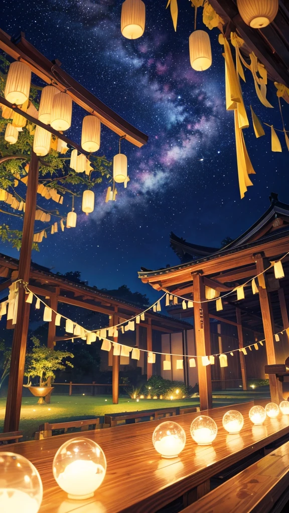 “Create a high-resolution fantasy image of the Japanese festival Tanabata. The scene should feature a night sky filled with sparkling stars and the Milky Way as a backdrop. In the foreground, depict tall bamboo trees adorned with colorful paper decorations and wishes, known as tanzaku, fluttering gently in the breeze. Add a touch of magic by incorporating glowing orbs or ethereal lights among the bamboo leaves. The overall atmosphere should be serene and enchanting, capturing the mystical essence of this traditional celebration.”