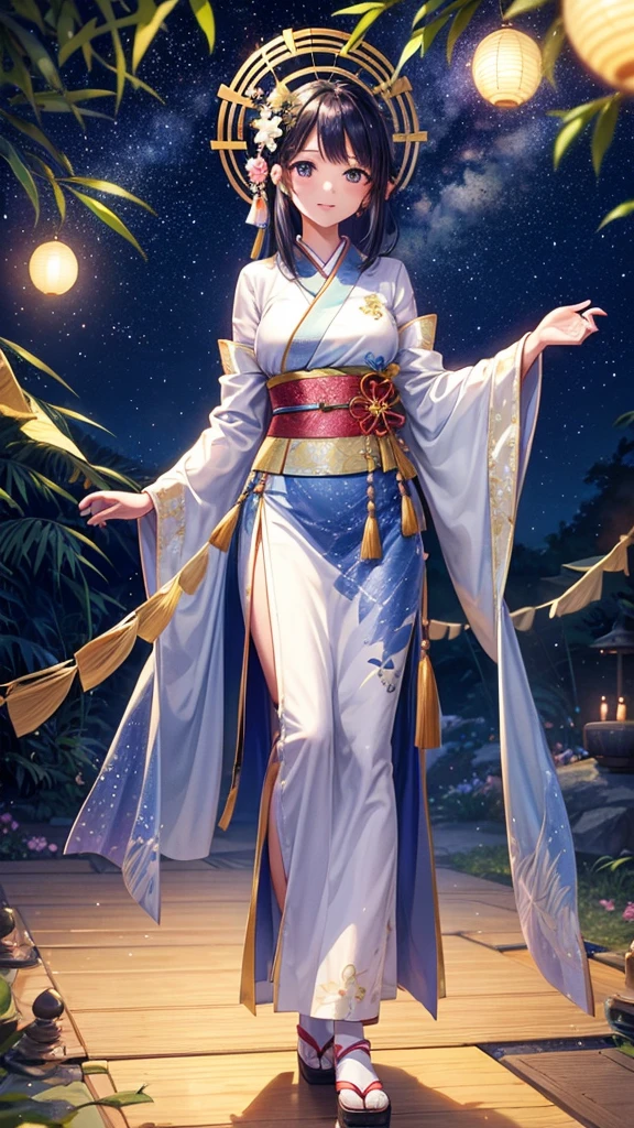 “Create a high-resolution fantasy image of the Japanese festival Tanabata. The scene should feature a night sky filled with sparkling stars and the Milky Way as a backdrop. In the foreground, depict tall bamboo trees adorned with colorful paper decorations and wishes, known as tanzaku, fluttering gently in the breeze. Add a touch of magic by incorporating glowing orbs or ethereal lights among the bamboo leaves. The overall atmosphere should be serene and enchanting, capturing the mystical essence of this traditional celebration.”