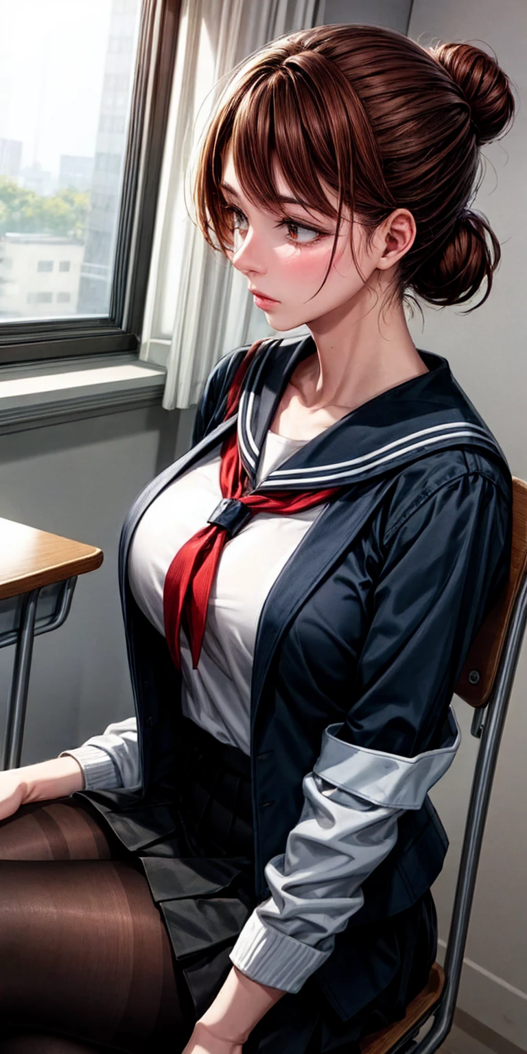 Model: AuntJune, auntjunev2
Hair: brown hair, hair bun, bangs, messy hair, ponytail, long hair
Body: mature female, large breasts, lips, looking away
Clothing: black pantyhose, black serafuku, skirt, sailor collar, jacket, school bag
Scene: classroom, indoors, window, desk, school chair, chair, sitting, solo
Lighting: cinematic lighting
Focus: sharp focus