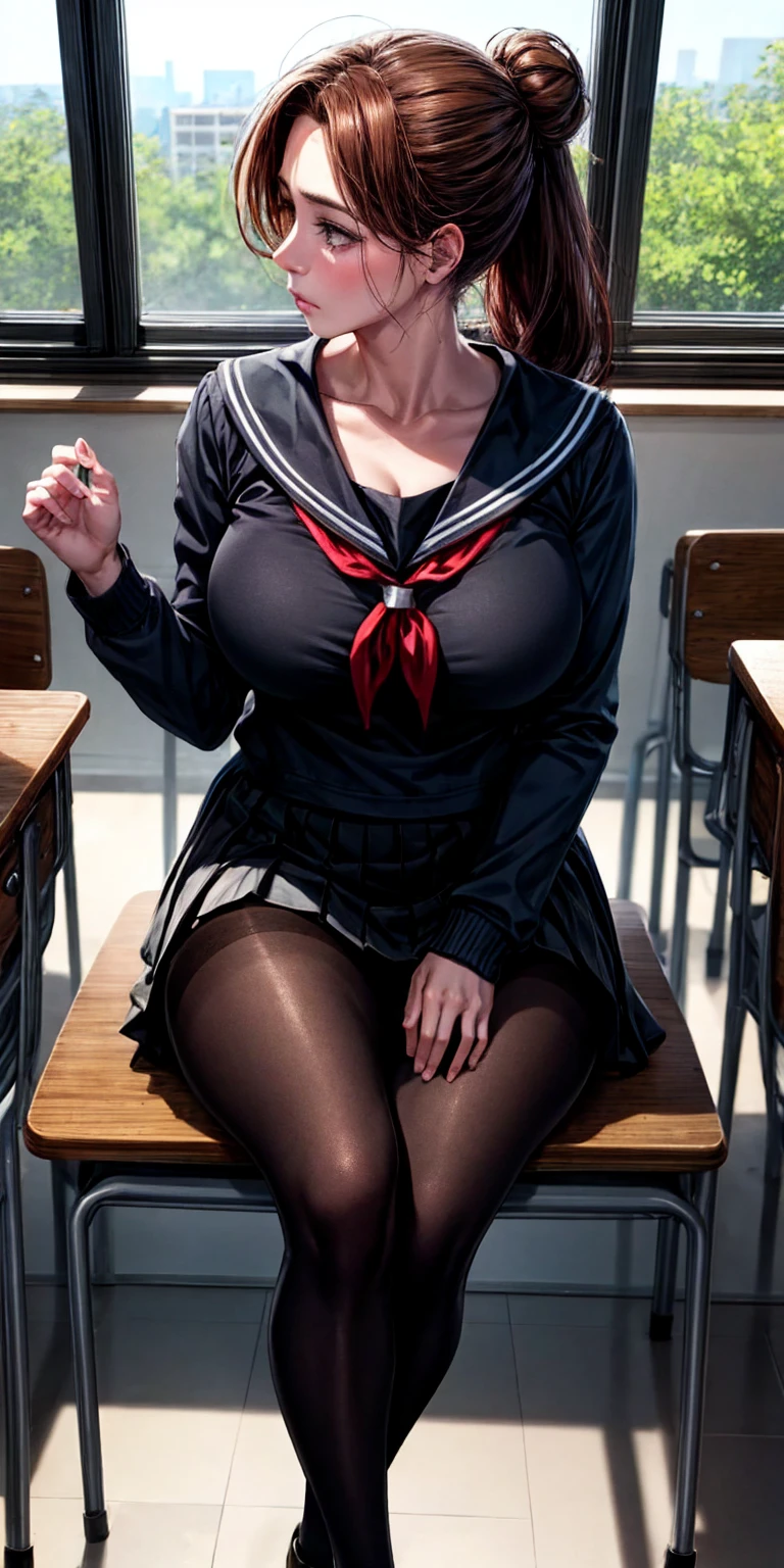 Model: AuntJune, auntjunev2

Hair: brown hair, hair bun, bangs, messy hair, ponytail, long hair

Body: mature female, large breasts, lips, looking away

Clothing: black pantyhose, black serafuku, skirt, sailor collar, jacket, school bag

Scene: classroom, indoors, window, desk, school chair, chair, sitting, solo

Lighting: cinematic lighting

Focus: sharp focus