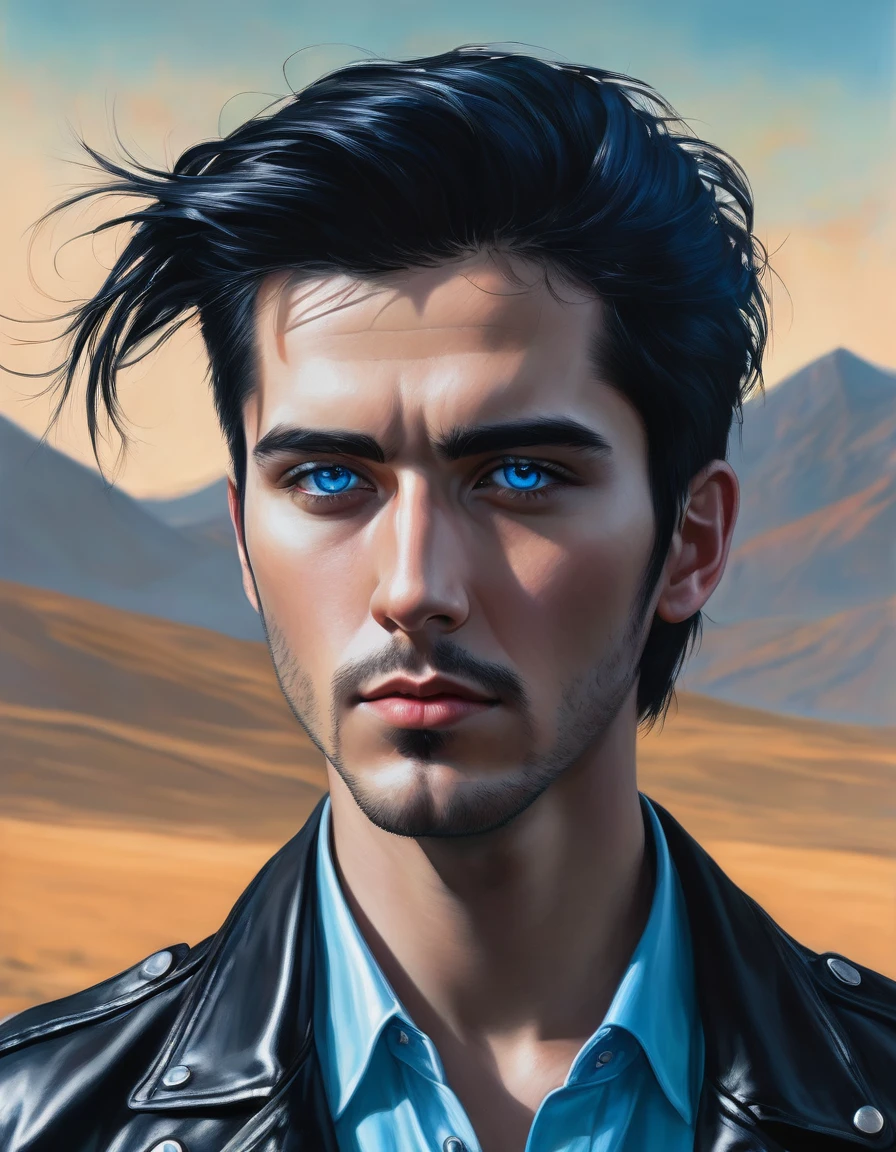 A portrait of a tall man with jet black hair that is just long enough to be a little unruly, bright piercing blue eyes, wearing a black leather jacket over a button-up shirt, 16K, epic detail, epic composition, hyper realistic, standing, front view.