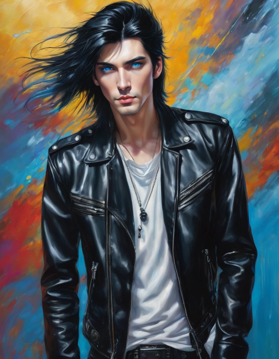 A portrait of a tall man with jet black hair that is just long enough to be a little unruly, bright piercing blue eyes, wearing a black leather jacket over a button-up shirt, 16K, epic detail, epic composition, hyper realistic, standing, front view.
