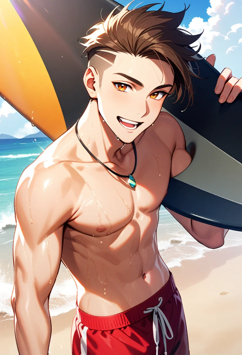 A young man, 21-years-old, solo, Caucasian, mature face, wild spiky undercut brown hair, orange eyes, cheerful smile, mouth open, no shirt, shirtless, red swimming trunks, thin silver necklace, holding a surfboard, wet, beach, daytime, sunny