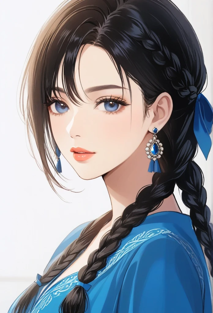 ((1woman, mature,single hair braid with blue ribbon,dress, jhumka earrings , detailed alluring eyes, smooth detailed lips, beautiful face,