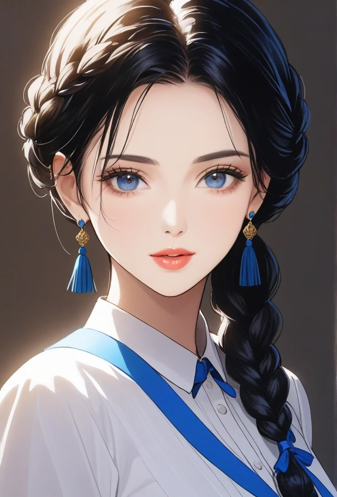 ((1woman, mature,single hair braid with blue ribbon,dress, jhumka earrings , detailed alluring eyes, smooth detailed lips, beautiful face,