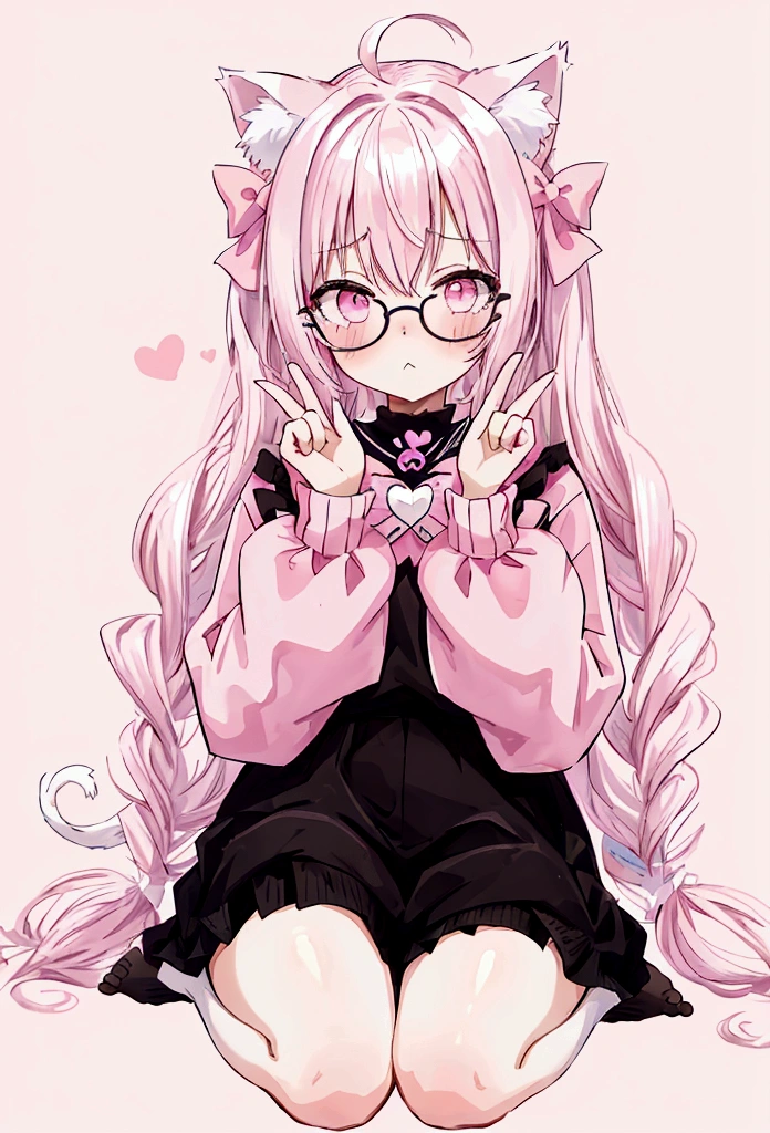 I have white pink hair, cat ears, a bow, my face is super blushing, black glasses, pink heart eyes, a big pink sweatshirt, a black skirt, black stockings, what&#39;s up, barefoot, a cat&#39;s tail, a girl Very shy