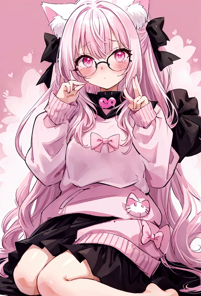 I have white pink hair, cat ears, a bow, my face is super blushing, black glasses, pink heart eyes, a big pink sweatshirt, a black skirt, black stockings, what's up, barefoot, a cat's tail, a girl Very shy