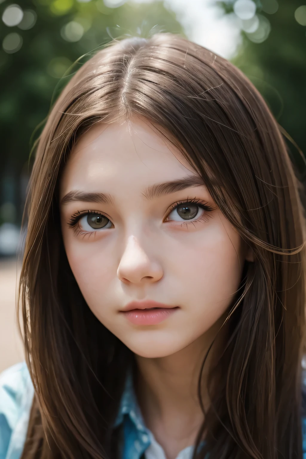 13 year old standing, girl, brunette long hair, wince, long eyelashes, solid circle eyes, outdoors