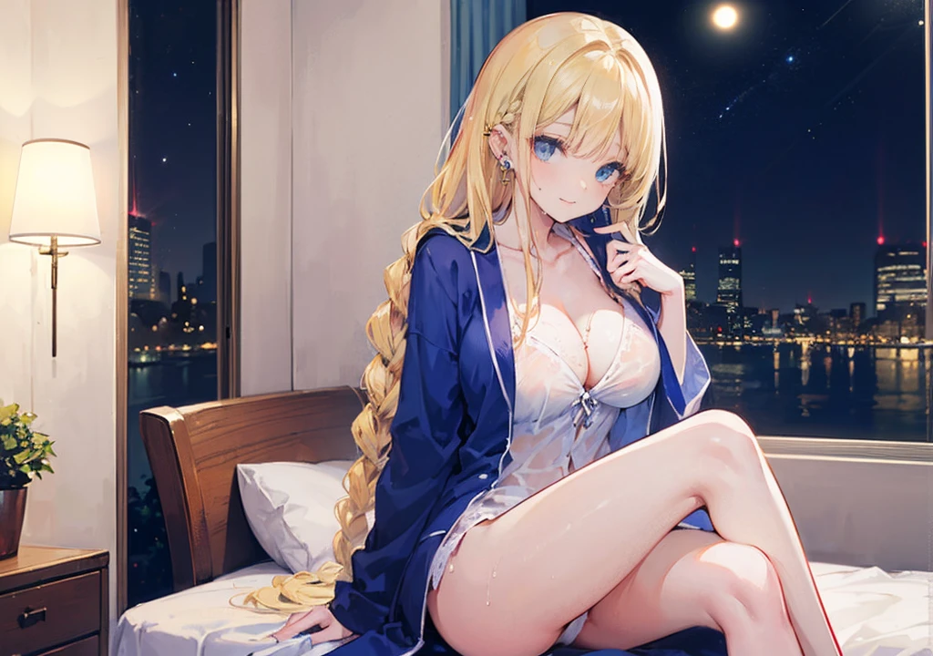 Highest quality、Highest picture quality、10,Masterpiece、Special details、beautiful、มันbeautiful..、women too((Age is 18 years.、bathrobe:1.7、Chest 92、Long blonde hair wet braided on the left and right sides..、blue eyes、Lens、Breast cleavage、happiness、sitting on a chair:1.2、cross your legs:1.2、Ear piercing))、equality、visual arts、background with((Bedroom at night:1.6))