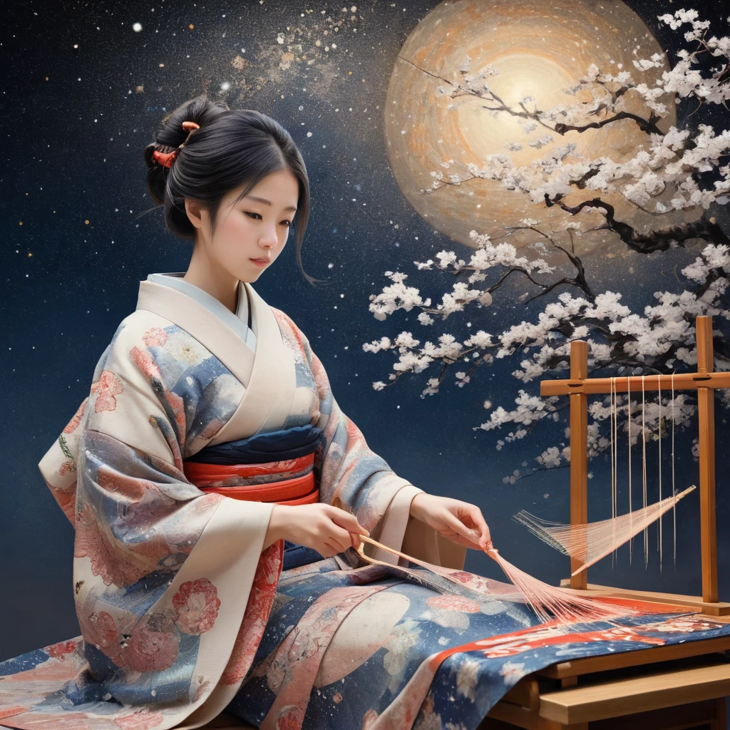 kimono, girl, Weaving cotton cloth, masterpiece, The universe spreads out in the background、Attention to detail, Intricately detailed