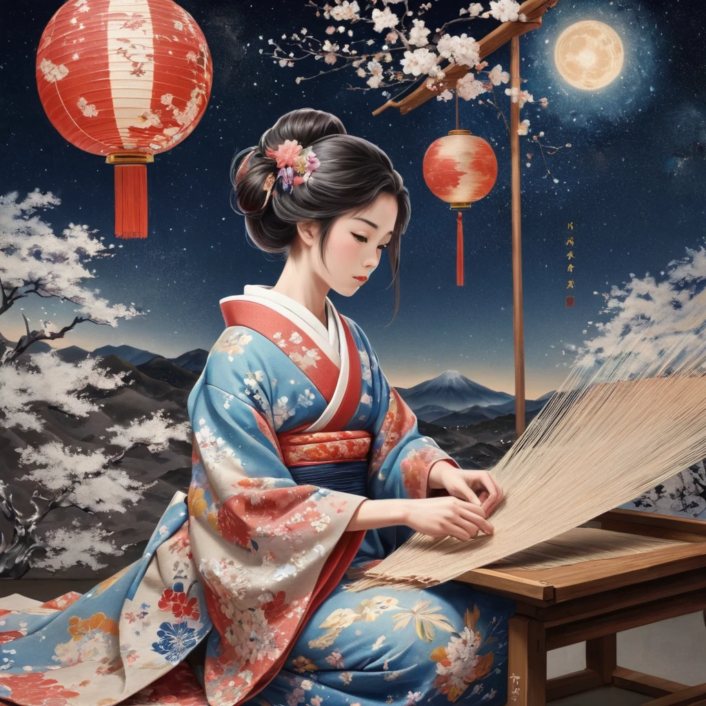 kimono, girl, Weaving cotton cloth, masterpiece, The universe spreads out in the background、Attention to detail, Intricately detailed