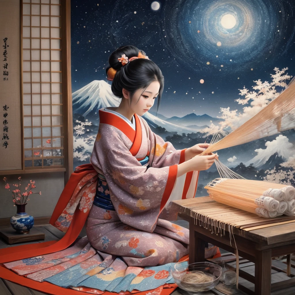 kimono, girl, Weaving cotton cloth, masterpiece, The universe spreads out in the background、Attention to detail, Intricately detailed