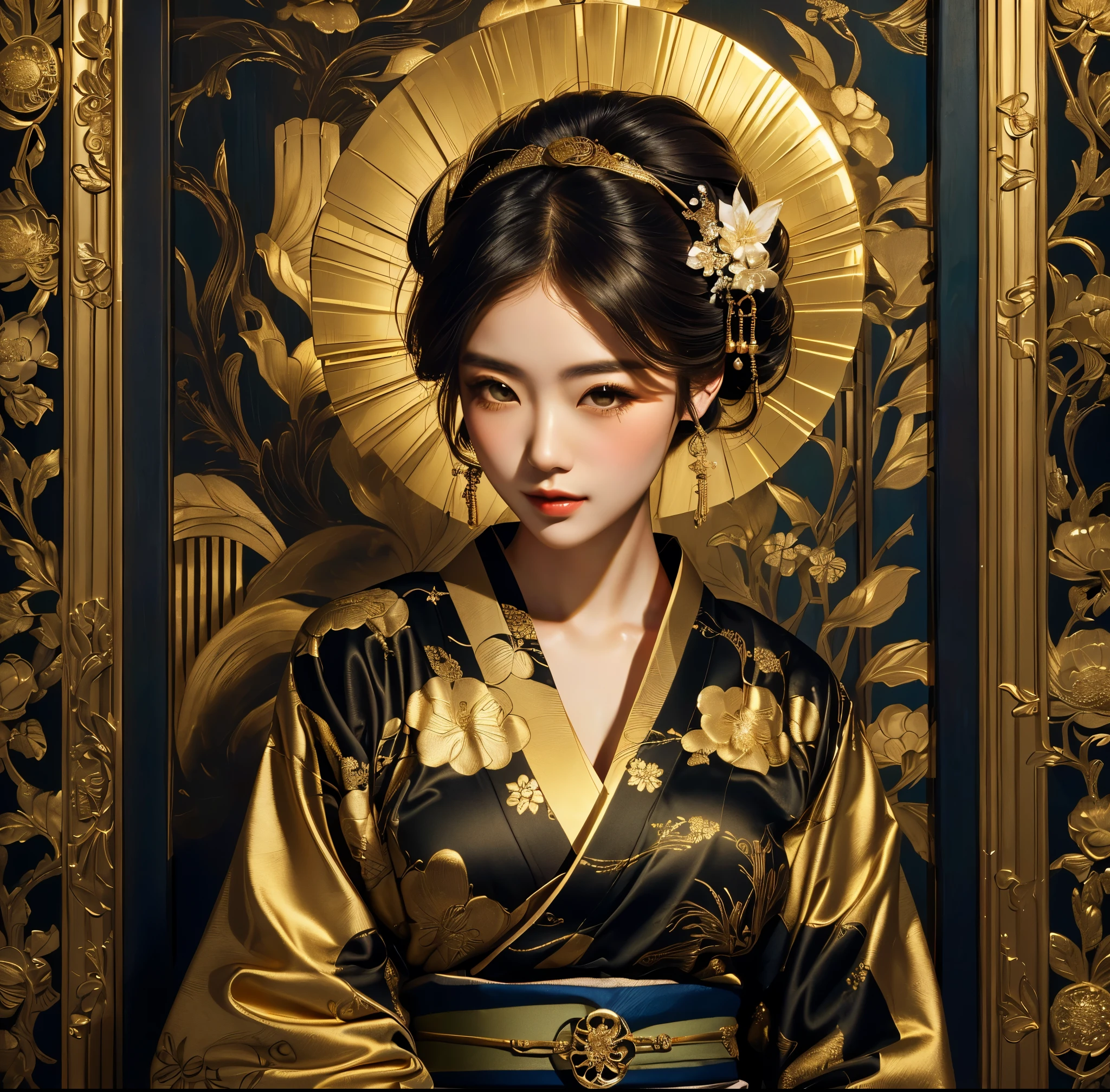 a woman in a golden kimono dress with a gold halo, japanese goddess, chie yoshii, elegant japanese woman, portrait of a beautiful geisha, intricate geisha kimono, japanese art style