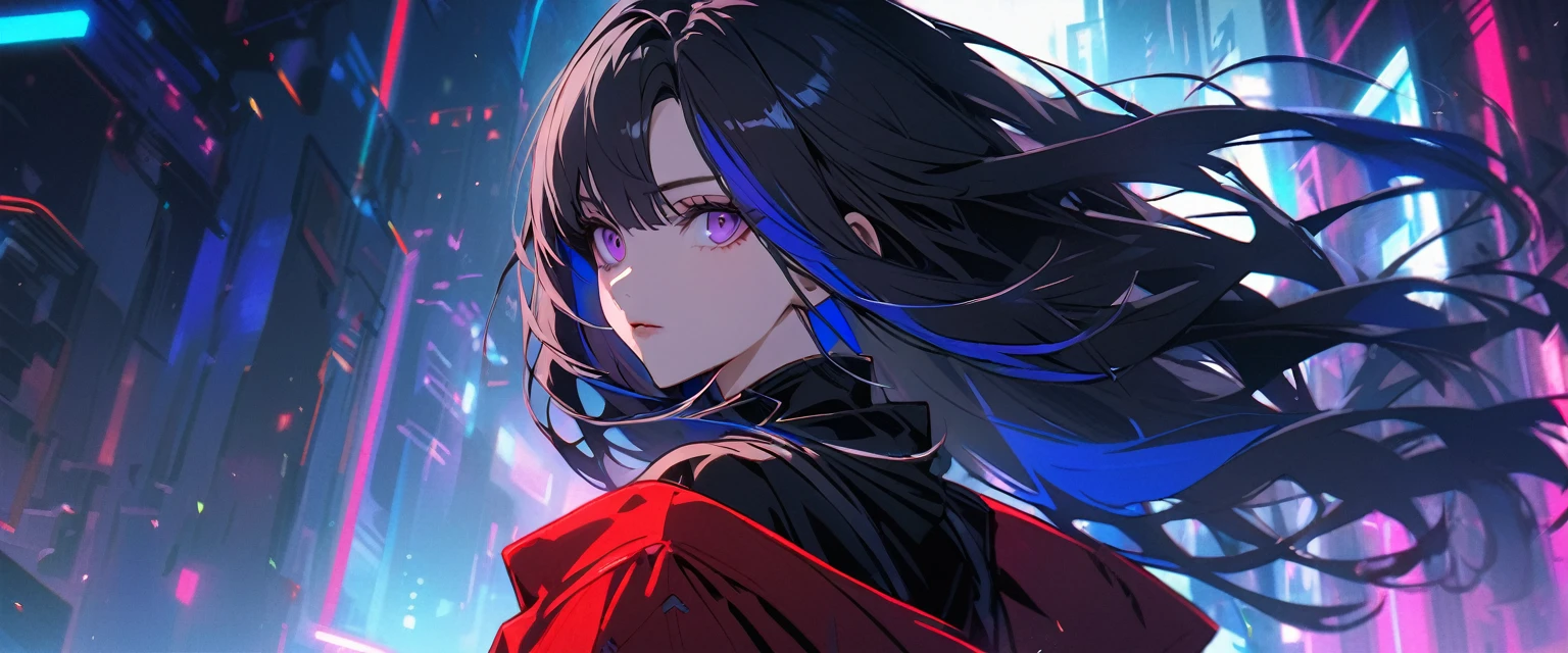 Handsome, solo, 1 female, long hair, black hair, blue highlights on hair tips, purple eyes, black shirt, red robe, futuristic, cyberpunk