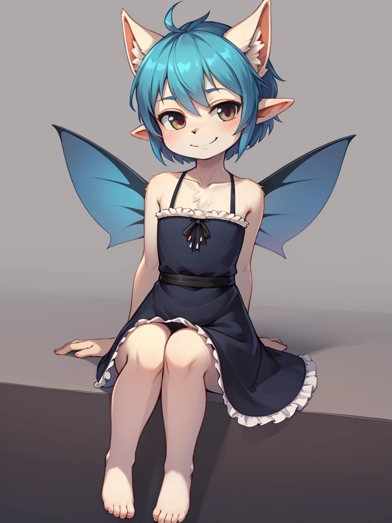 Naughty skinny small fairy , Simple design Frilly dress , Pixie Cut , A mischievous smile , sneak peek , Straddle a cucumber