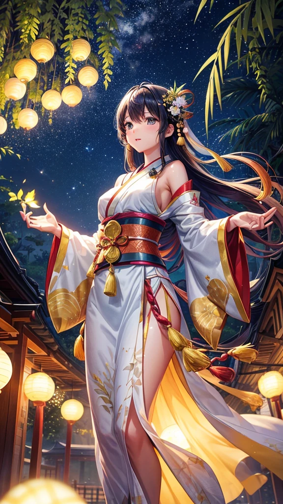 “Create a high-resolution fantasy image of the Japanese festival Tanabata. The scene should feature a night sky filled with sparkling stars and the Milky Way as a backdrop. In the foreground, depict tall bamboo trees adorned with colorful paper decorations and wishes, known as tanzaku, fluttering gently in the breeze. Add a touch of magic by incorporating glowing orbs or ethereal lights among the bamboo leaves. The overall atmosphere should be serene and enchanting, capturing the mystical essence of this traditional celebration.”