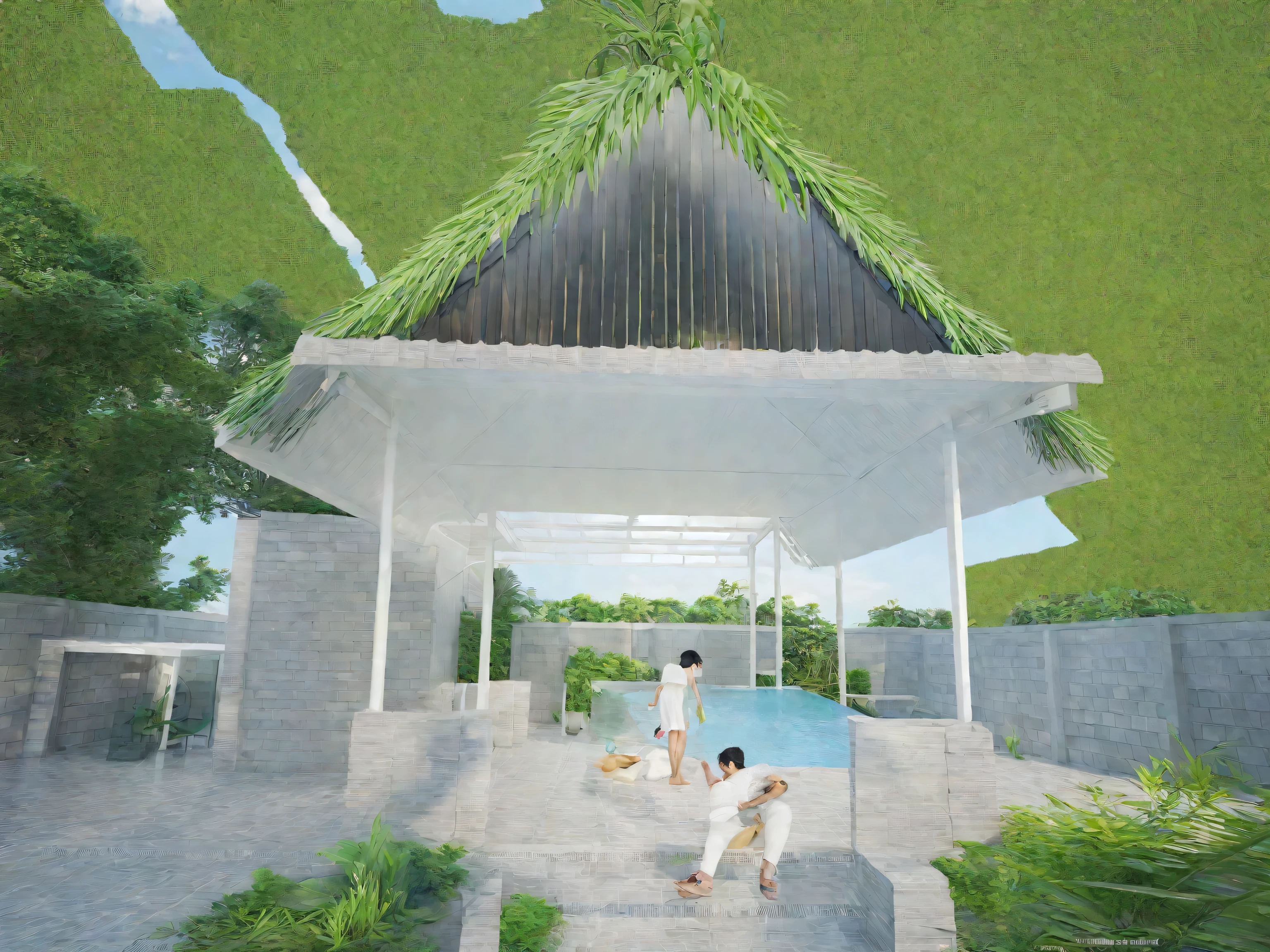 Raw photo,Masterpiece, high quality, best quality, authentic, super detail,
exterior, outdoors, house, Nhamainhat, aiaigroup on the tropical garden, minimalist line,onestoreyvilla, modern style, gray tile roof
brick yard,grass,tropical trees, sky, (day:1.1),Tropical garden background
