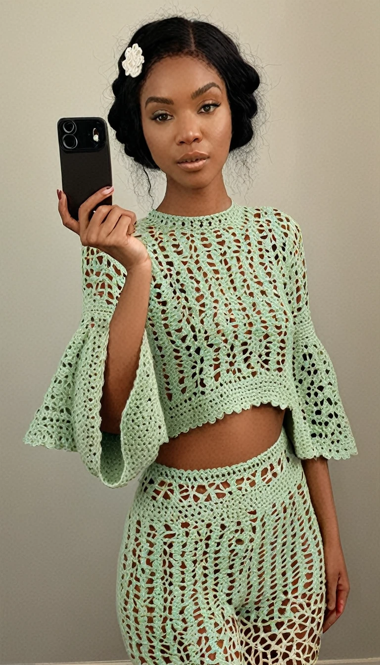 arafed woman taking a picture of herself in a mirror, an album cover inspired by Isobel Heath, instagram contest winner, process art, cropped wide sleeve, crochet skin, aesthetic!!!!, half body cropping, aesthetic!!, tinyest midriff ever, highly aesthetic, crochet, wearing amazing clothes, muted arm colors, detailed clothes, multi colored