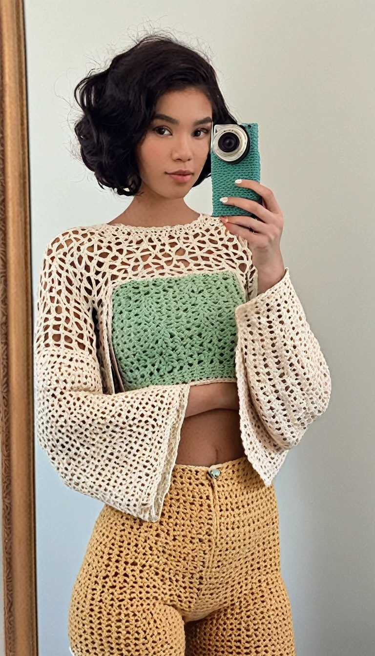 arafed woman taking a picture of herself in a mirror, an album cover inspired by Isobel Heath, instagram contest winner, process art, cropped wide sleeve, crochet skin, aesthetic!!!!, half body cropping, aesthetic!!, tinyest midriff ever, highly aesthetic, crochet, wearing amazing clothes, muted arm colors, detailed clothes, multi colored