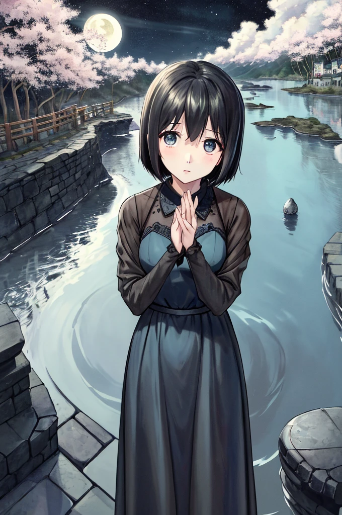 (masterpiece)、Highest quality、Ultra-high resolution、in front_Misaki、Short Hair、cute、Black long dress、Cobblestone Street、Lonely face、blue sea、Beautiful Landscape、View your viewers、Wave one hand、night、beautiful girl、Hollow Eyeoon、満moon、moon光